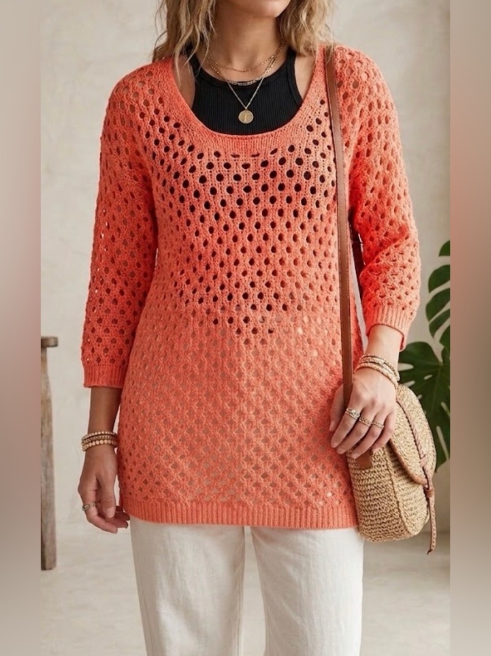 Coral Orange Pink Open Knit Crochet Tunic Top